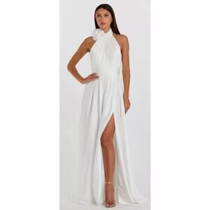 Mac Duggal 49333 Soft Tie Halter Neck High Slit Gown White NWT